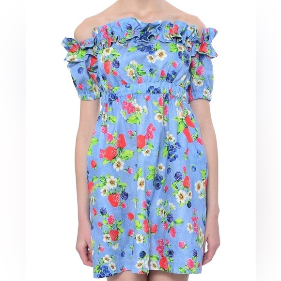 Love Moschino Picnic Print (Fruit & Floral) Cotton Off the Shoulder Dress sz. 2 - Picture 5 of 16